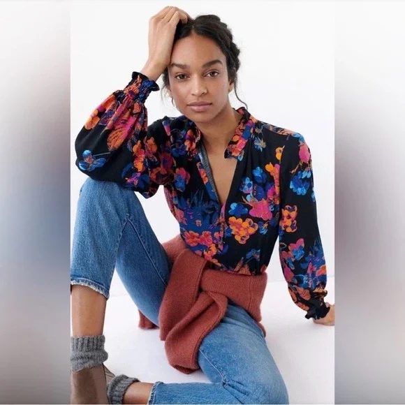 ANTHROPOLOGIE Maeve Colette Peasant Blouse Floral Ruffle Boho Black Small M $108 - Picture 6 of 10